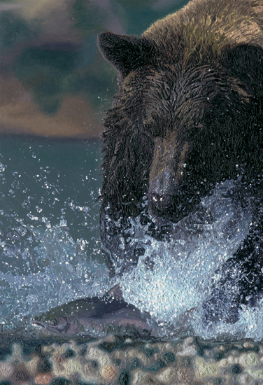 Part of the painting 'Intent On Lunch', a grizzly bear catching salmon