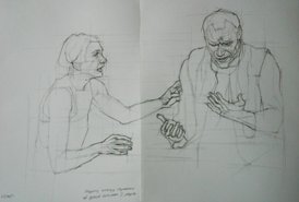 Original pencil drawing of two interacting people, for larger images and further information click on this image.