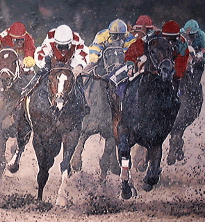 Original oil painting depicting horseracing on a dirt track, for further horseracing art works, information and larger images can be found by clicking here.