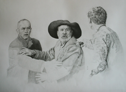 Original pencil drawing of two people being threatened at knife point, for larger images and further information click on this image.