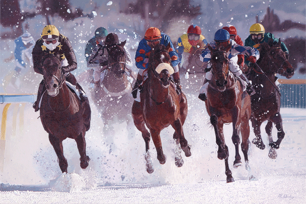 The 100th anniversary of 'White Turf,' showing the horse racing on the Frozen Lake at St Moritz, Switzerland
