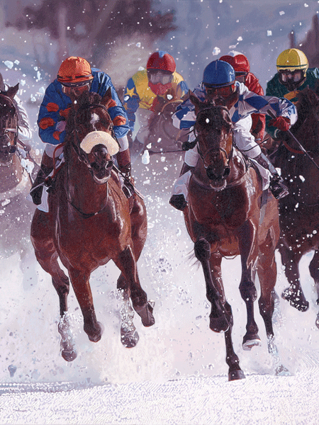 The 100th anniversary of 'White Turf,' showing the horse racing on the Frozen Lake at St Moritz, Switzerland