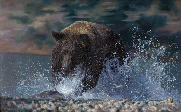 Oil Painting of a Canadian Bear Chasing Salmon