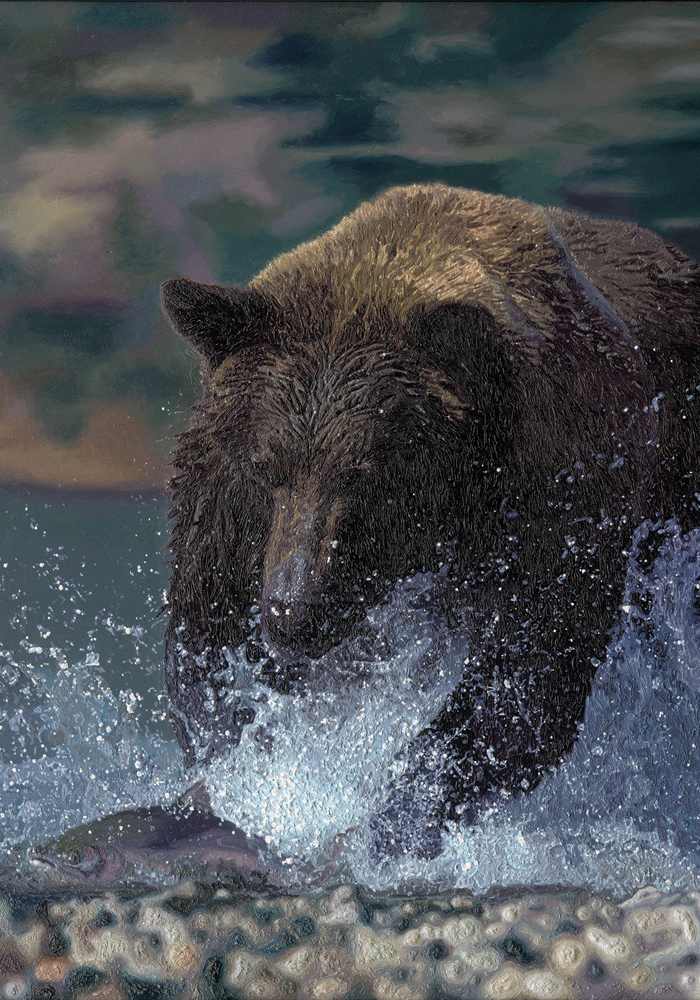 Oil Painting of a Canadian Bear Chasing Salmon