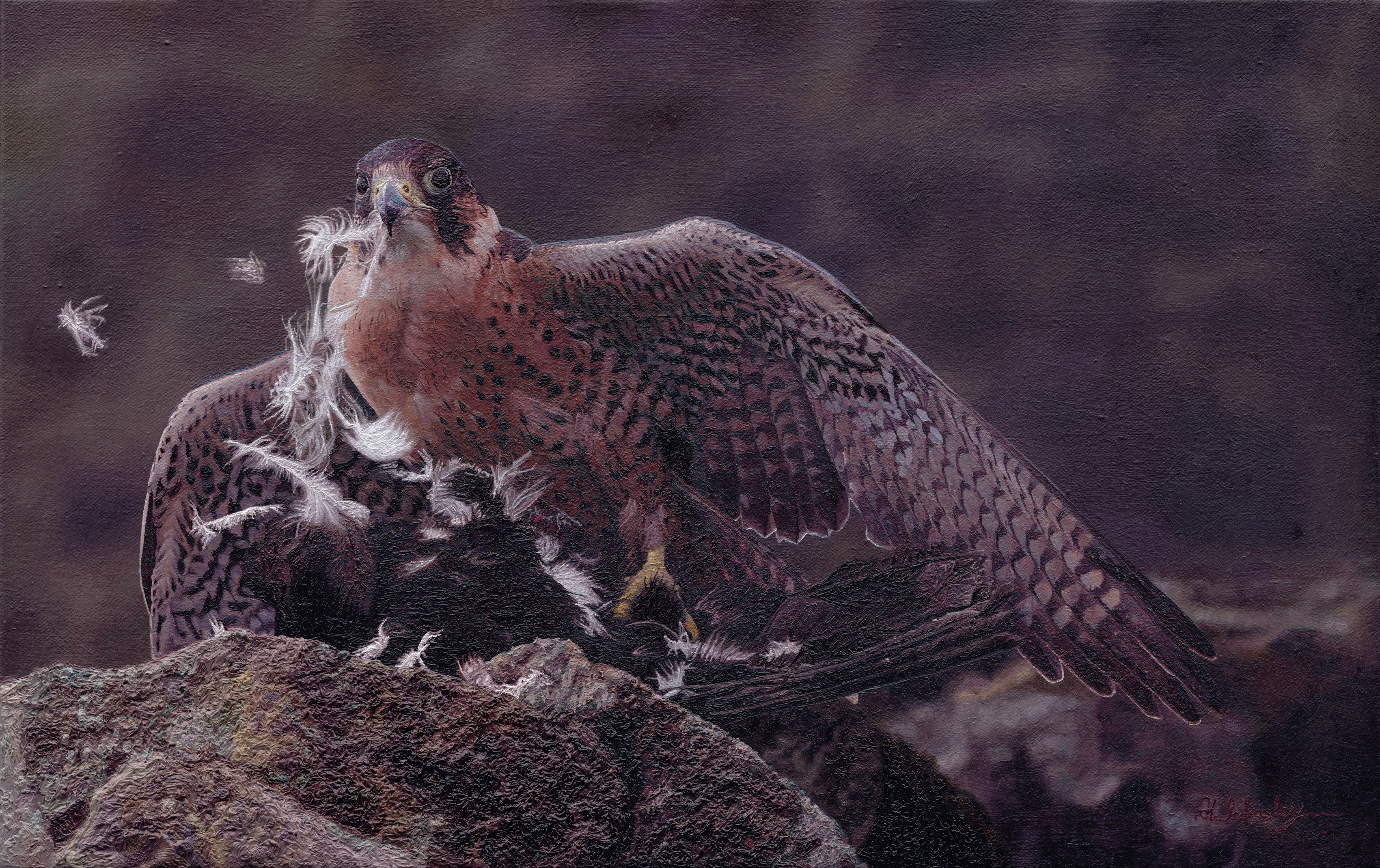 An Oil Painting of a hunting peregrine falcon clutching its carrion crow