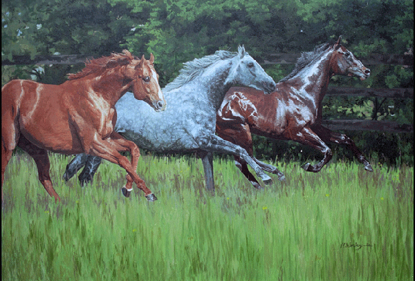 oil painting of 3 Darley Stallions