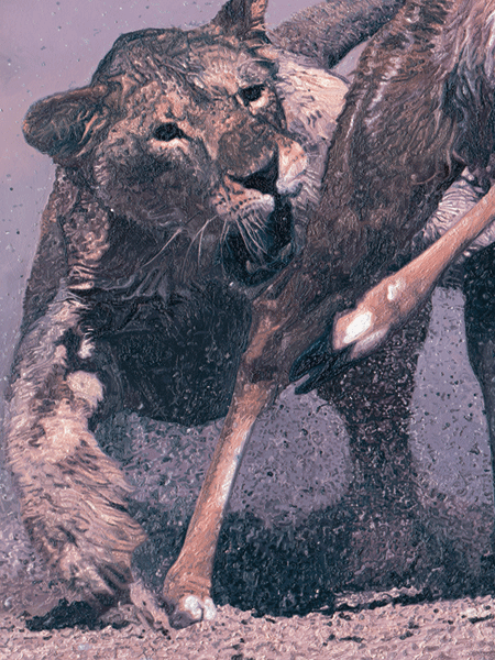 Oil Painting of a African Lioness hunting a Kudu