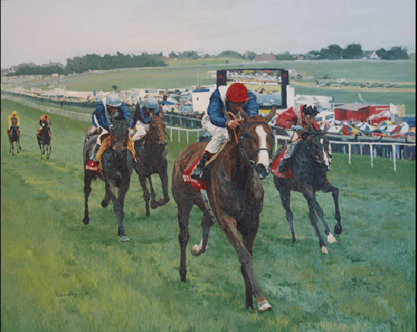 Oil painting of horse racing at Epsom Downs in the rain
