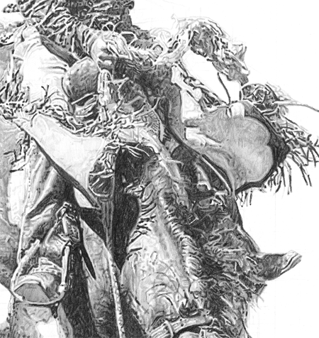 A Drawing of a rodeo rider during a split second at the Calgary Stampede