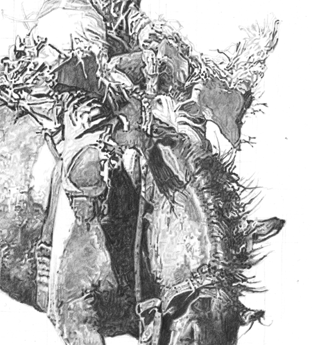 A Drawing of a rodeo rider during a split second at the Calgary Stampede