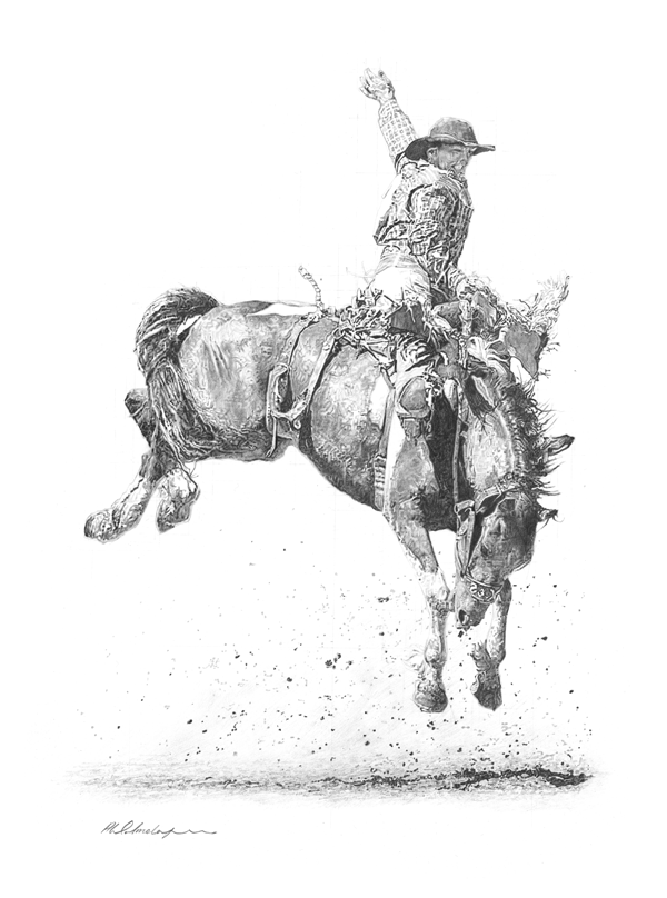 A Drawing of a rodeo rider during a split second at the Calgary Stampede
