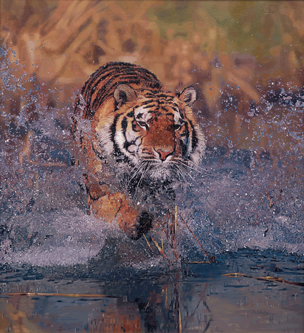 Oil Painting of a Bengal Tiger Hunting