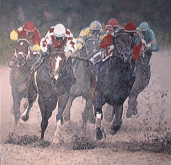 An Oil Painting of Horse Racing on a dirt track