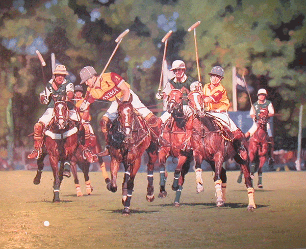 An oil pianting of a Queen's Cup polo match at Guards Polo Club